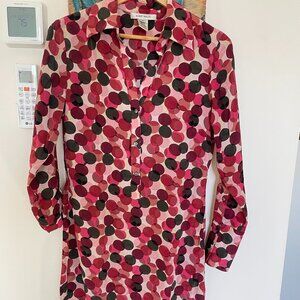 Nine West Size 6 100% Silk Pink Polka Dot Long Sleeve Belted Shirt Dress